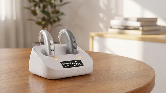 Rechargeable hearing aids in charging cradle on wooden table with battery level display showing 98 percent