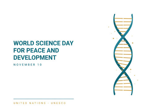 Science day for peace and development minimalist announcement with a dna helix on a clean white background, for november tenth