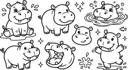 Fototapeta premium Cute Kawaii Hippo Vector Set with Cartoon Hippopotamus Swimming, Splashing Water, and Yawning for Kids Coloring Books