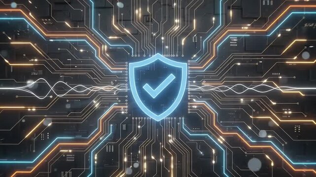 Cyber security shield icon on digital circuit board