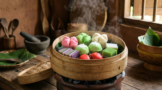 Traditional Indonesian jajanan pasar sweet cakes steaming inside bamboo steamer in rustic kitchen