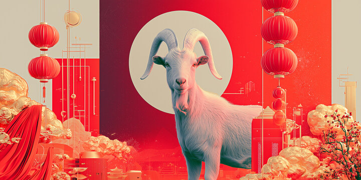 Elegant white goat in a red Chinese New Year scene with city skyline