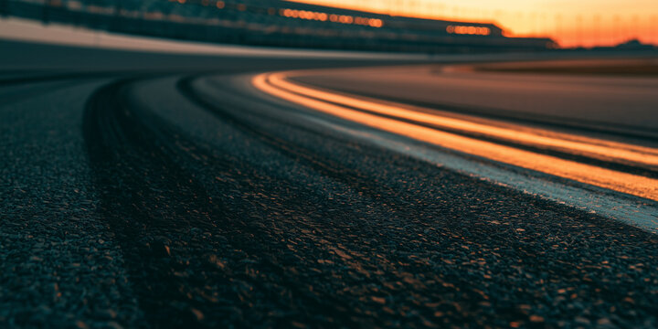 Abstract curved race track asphalt with tire marks at sunset