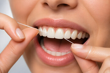 Fototapeta premium Woman Flossing Teeth for Daily Oral Hygiene and Dental Care