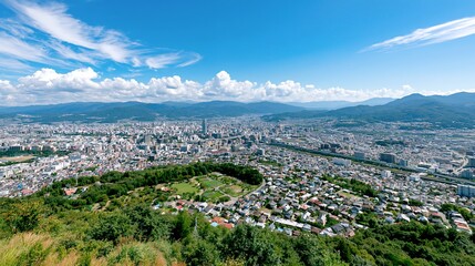 壮大な青空と山々を望む日本の都市の街並み景観