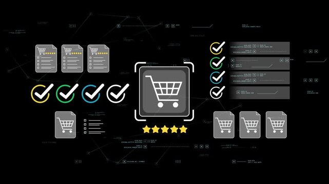 E-commerce shopping cart HUD interface elements animation with alpha channel on transparent black background, digital retail sales and online shop transaction icons motion graphics loop