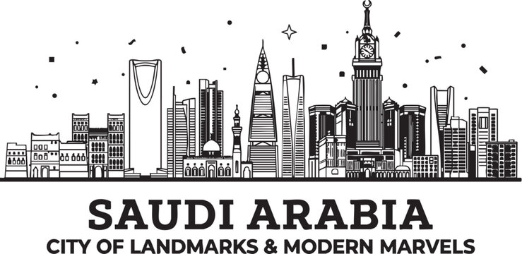 Adobe Illustrator Artwork of Saudi Arabia Skyline Silhouette Vector with Kingdom Centre, Al Faisaliah Tower, and Makkah Clock Tower