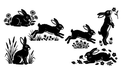Obraz premium Six Rabbits in Natural Poses with Meadow Flowers and Grass Monochrome Vector Collection