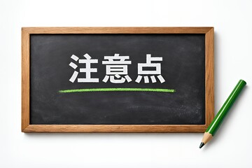 Naklejka premium 注意点と書かれた黒板と緑の鉛筆で強調されたメッセージ
