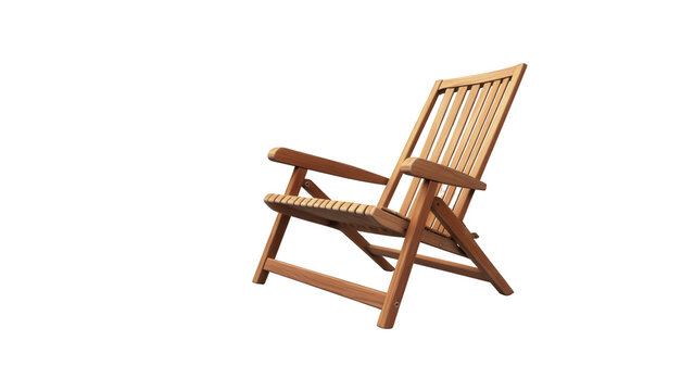 Natural teak wood folding outdoor deck chair with single wooden folding on transparent background
