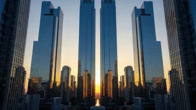 Symmetrical Skyline at Sunset: Modern skyscrapers with reflective glass facades create a striking symmetrical pattern.