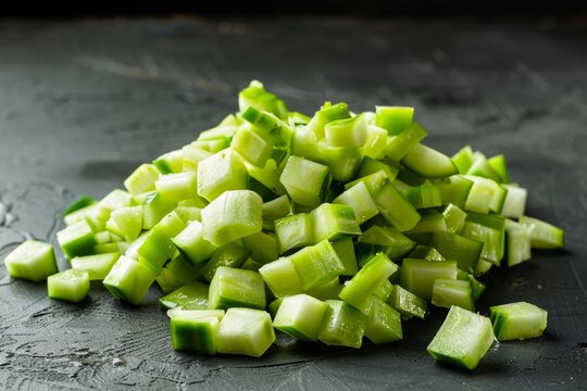 Diced cucumber on a dark kitchen surface, ready for culinary use