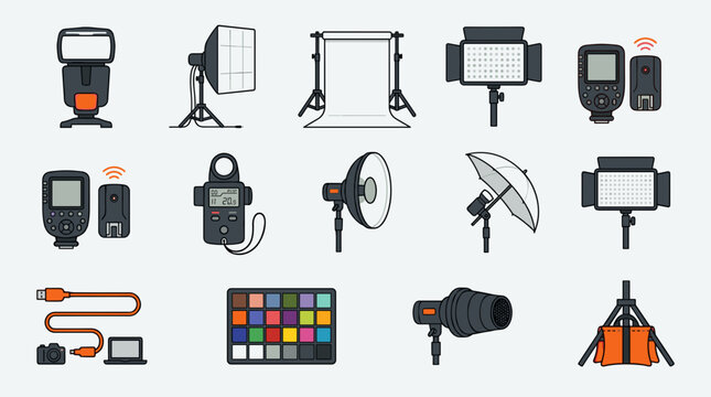 Set of Professional Photography Lighting and Studio Equipment Icons for Creative Projects