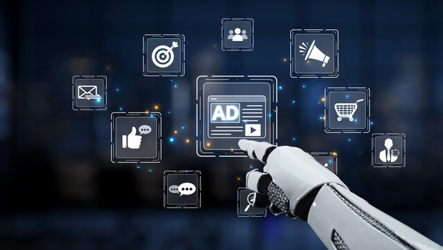 A robotic hand interacts with digital elements representing advertising and social media in a high-tech environment, symbolizing innovation in marketing strategies. Synapse