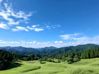 Obraz premium 青い空と白い雲が広がる広大な緑の草原と遠くの山々