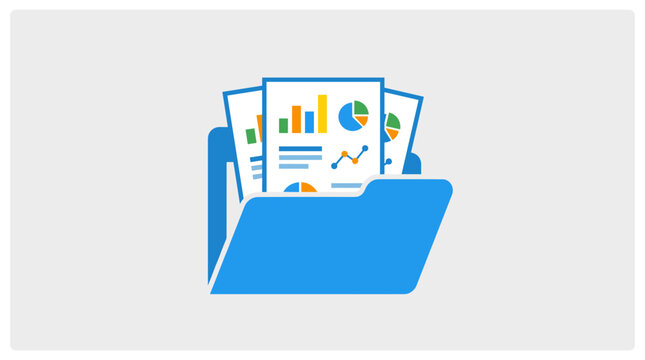 Blue Folder Icon Containing Financial Business Reports and Data Analysis Charts