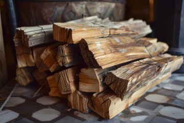 Fototapeta premium Firewood logs tied together with wire, stacked on a tiled floor, ready for use in a fireplace, creating a cozy atmosphere