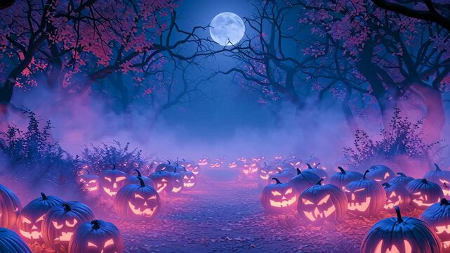 Haunted Halloween Path: A mystical and eerie scene unfolds on a dark, misty night as countless carved pumpkins with glowing jack-o'-lantern faces line a winding path under a luminous full moon.