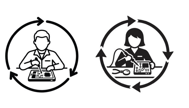 Technicians repairing electronic circuit boards inside circular arrow symbols, silhouette outline graphic