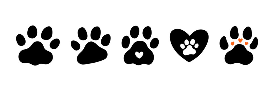 Black Dog Paw Pet Foot Print Silhouette Set. Hand Drawn Paw Lion Footprint Icon Kit. Doodle Cat Animal Pawprint Track Bundle Silhouette. Hand Drawn Vector Illustration