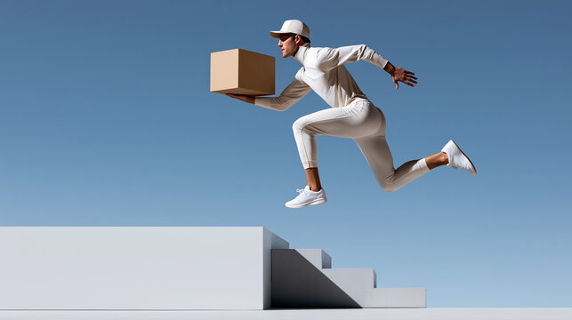 Courier in white activewear leaping over concrete steps while holding cardboard parcel, capturing dynamic fast delivery service and modern logistics advertising.