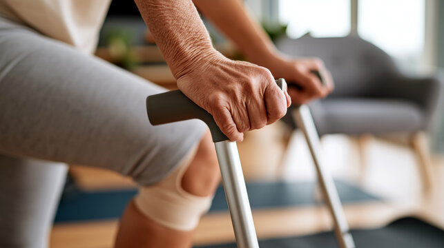 Elderly hand gripping walking cane during gentle physiotherapy exercise, knee brace visible, capturing authentic joint health, mobility support and rehabilitation.