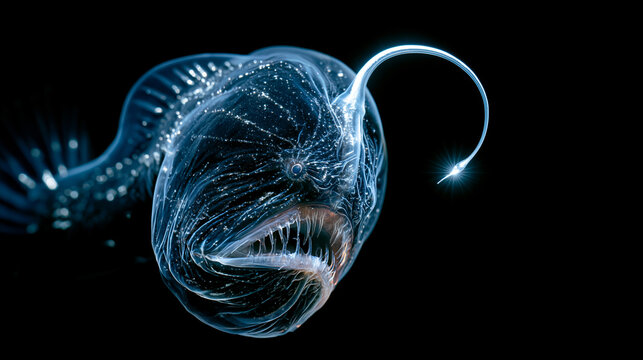 Deep-sea anglerfish emerges from darkness with glowing bioluminescent lure, capturing eerie underwater predator detail for wildlife and nature advertising.