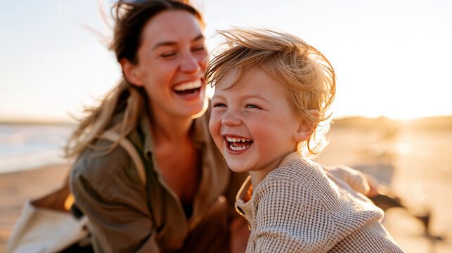 Laughing mother and child sharing joyful candid moment on the beach at golden hour, capturing authentic motherhood, family bonding and travel lifestyle.