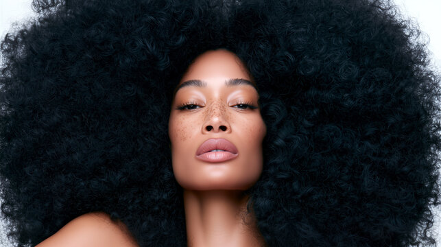 Woman with voluminous curly afro hair framing her face like a halo, showcasing healthy natural texture, elasticity and shine for curly haircare and beauty advertising.