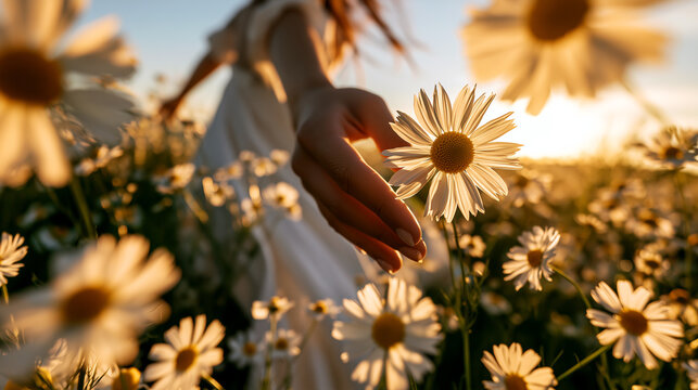 Woman reaching to touch a delicate daisy bloom in a sunlit meadow, capturing golden hour warmth, natural beauty and gentle harmony with wildflowers during summer.