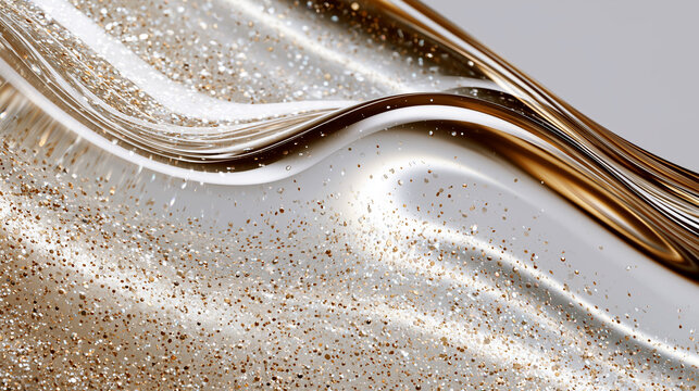 Crystal-clear glow booster gel infused with gold shimmer particles, capturing luxurious swirling texture for premium skincare and cosmetics advertising campaigns.