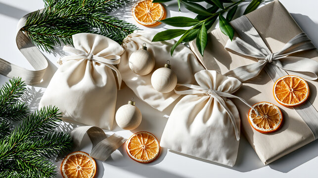 Reusable cotton gift bags with wooden ornaments and dried citrus arranged for eco-friendly, sustainable Christmas gift wrapping and holiday advertising.