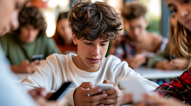 Teenager absorbed in smartphone while surrounded by friends also on their phones, capturing digital isolation and generational disconnect in social gathering.