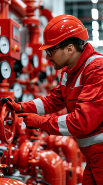 Engineer in red safety gear inspecting industrial valve control panel with pressure gauges, capturing professional technical maintenance and factory infrastructure.