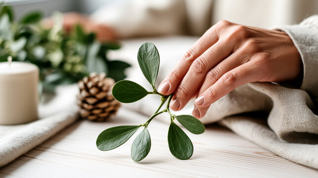 Hand gently placing fresh mistletoe sprig beside candle and pinecone, capturing minimalist Nordic Christmas styling with natural botanical winter decor.