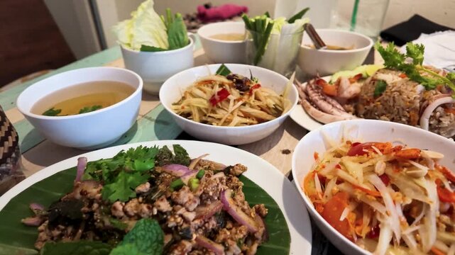 Traditional Isan Thai Dinner Table with Som Tum and Larb
