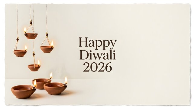 Happy diwali 2026 greeting card with hanging and placed clay oil lamps diya on a neutral background