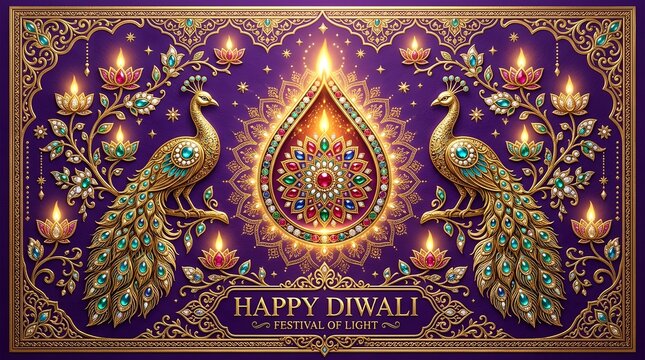 Happy diwali festival of light greeting card featuring two ornate golden peacocks, a central glowing diya, and floral patterns on purple