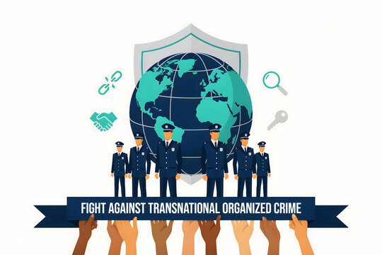 A group of police officers standing before a globe and a shield with holding a banner against transnational organized crime, white background