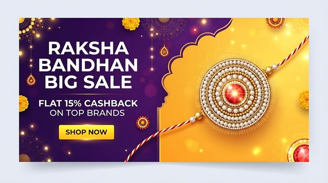 Raksha bandhan big sale banner with decorative pearl and ruby rakhi on yellow and purple background