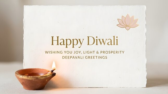 Happy diwali greeting card with a lit clay diya lamp and a lotus flower icon on textured paper