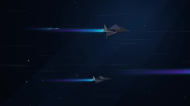 Cinematic 3D procedural animation of modern fighter jets performing maneuvers with glowing red engine trails. Features specular metallic reflections and volumetric atmosphere over a dark background. G