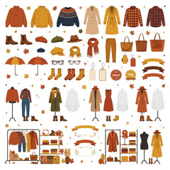 Autumn fashion icon set cozy fall wardrobe. Sweaters, coats, scarves, berets and hoodies for women. Autumn seasonal clothing elements illustration Autumn festibal © himel