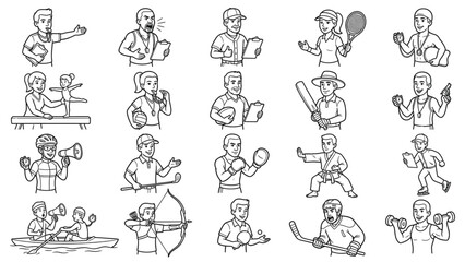 Naklejka premium Sports Coach and Referee Characters Coloring Page Set Line Art Illustration