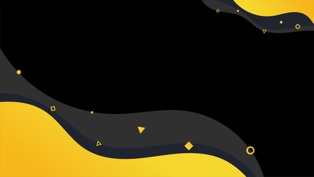 Abstract dark background vibrant yellow fluid waves with smooth dark grey layered curves and small floating yellow geometric elements, modern banner design and presentation