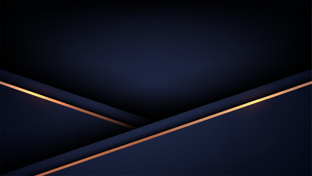 Dark navy blue luxury abstract background with overlapping geometric paper layers and glowing metallic gold lines, modern corporate presentation banner design