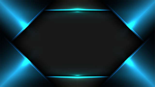 Dark futuristic technology background with metallic blue geometric layers bright cyan neon glowing border and empty central hexagonal frame, gaming presentation