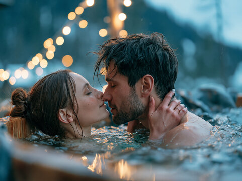 Romantic Couple Kissing in Outdoor Hot Tub with Cozy String Lights