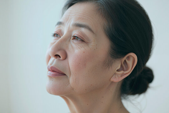 Close up of senior Asian woman gazing away, showing thoughtful expression and visible skin aging in wellness context. Ideal for skincare, aging, health awareness, self care marketing