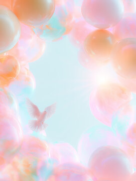 Soft pastel balloons and dove, a tender scene for a baby shower